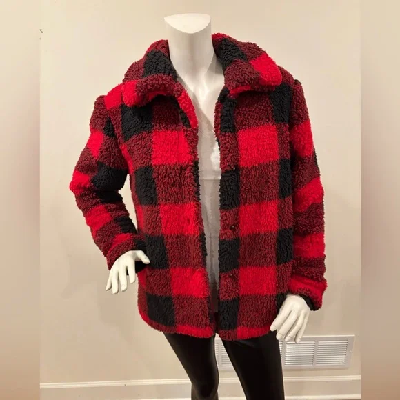 Knox Rose Buffalo Check Plaid Sherpa Jacket - Red and Black, Women’s M - Picture 5 of 12